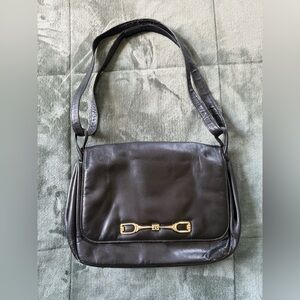 Vintage Ruth Saltz Black Leather Shoulder Bag with Gold Bit Accent